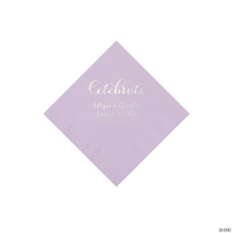 5" Bulk 50 Ct. Personalized Celebrate Lilac Beverage Napkins with Silver Foil Image