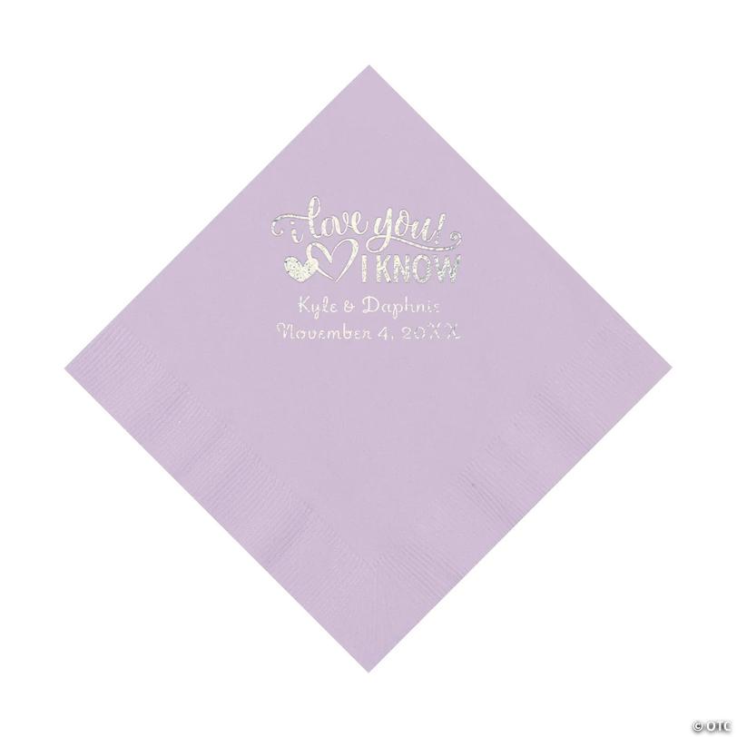 6 1/2" Bulk 50 Ct. Personalized I Love You, I Know Lilac Luncheon Napkins with Silver Foil Image