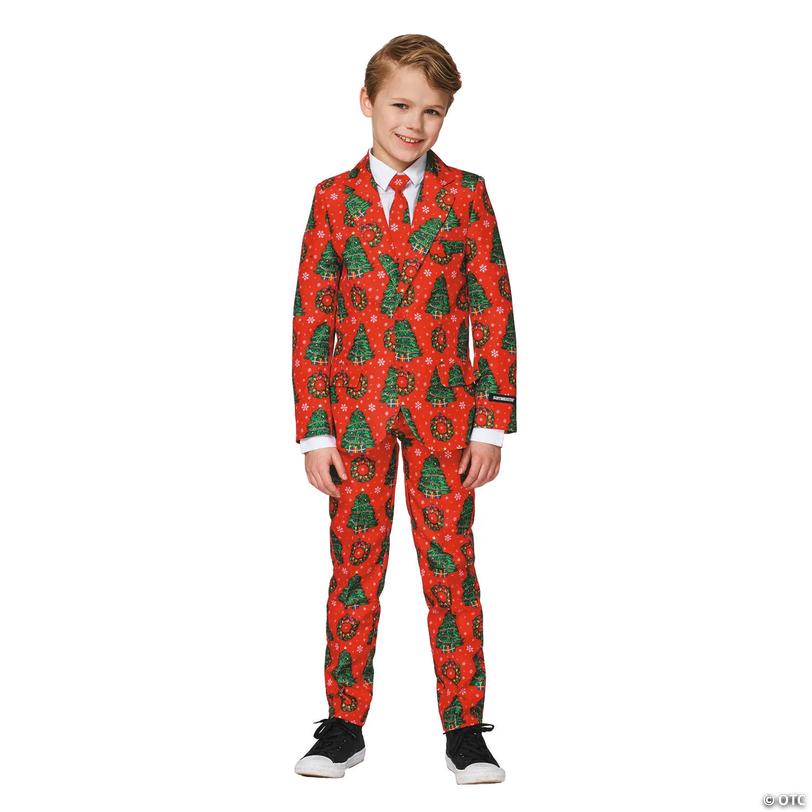 Boy&amp;#8217;s Red Christmas Tree &amp; Wreath Print Suit Costume - Small 4-6 Image