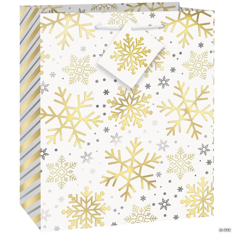 7 1/2" x 10" Medium Gold &amp; Silver Snowflake Foil Paper Christmas Gift Bags with Tags - 12 Pc. Image