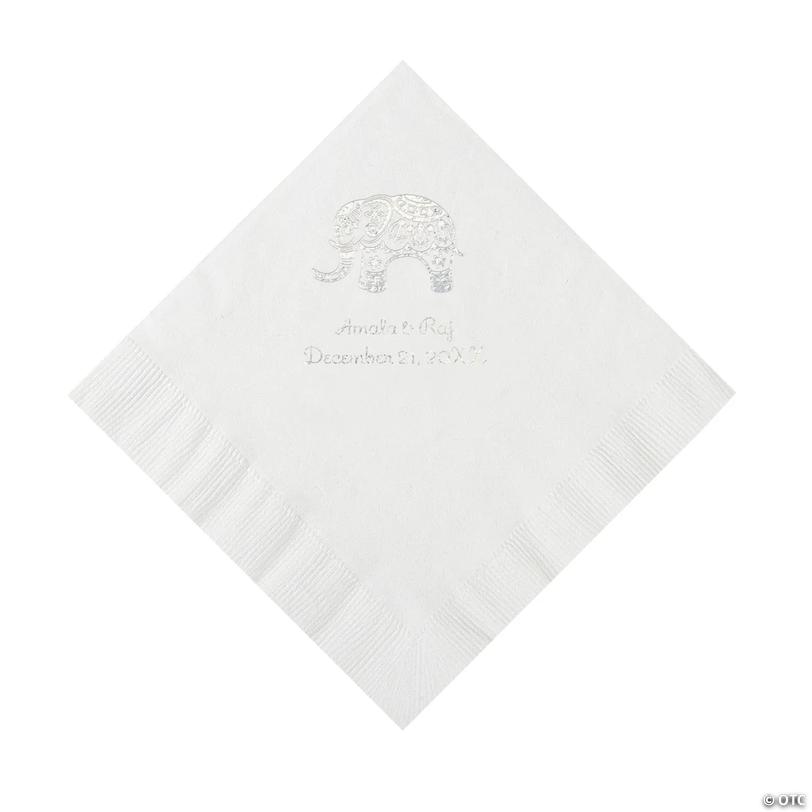 6 1/2" Bulk 50 Ct. Personalized Indian Wedding White Luncheon Napkins with Silver Foil Image