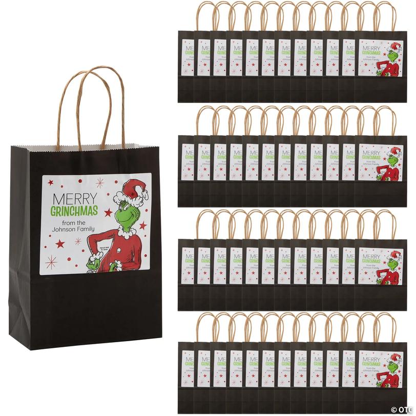 6 1/2" x 9" Bulk 48 Pc. Personalized Medium Dr. Seuss&amp;#8482; The Grinch Paper Gift Bags Image