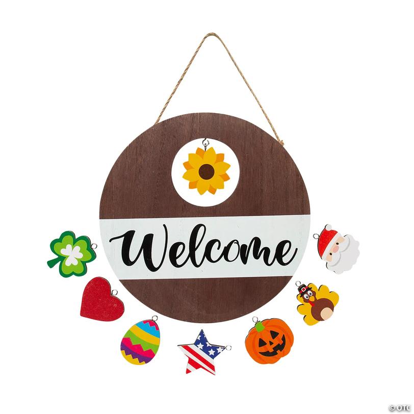 Year-Round Hanging Wooden Welcome Sign with Seasonal Charms Image