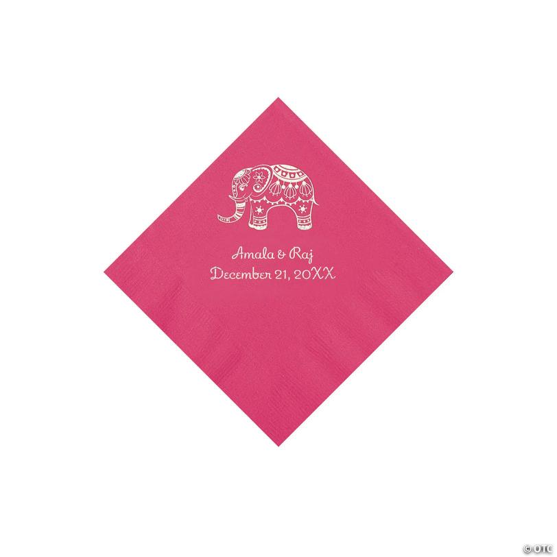 5" Bulk 50 Ct. Personalized Indian Wedding Hot Pink Beverage Napkins with Silver Foil Image
