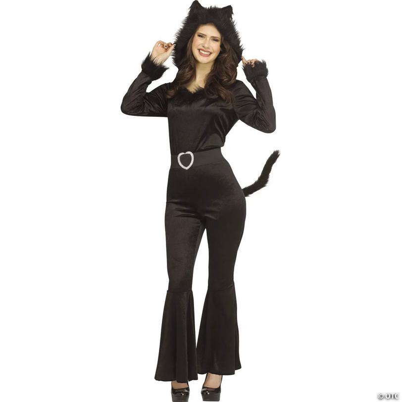 Adults Black Cat Hooded Jumpsuit Costume - Small Image