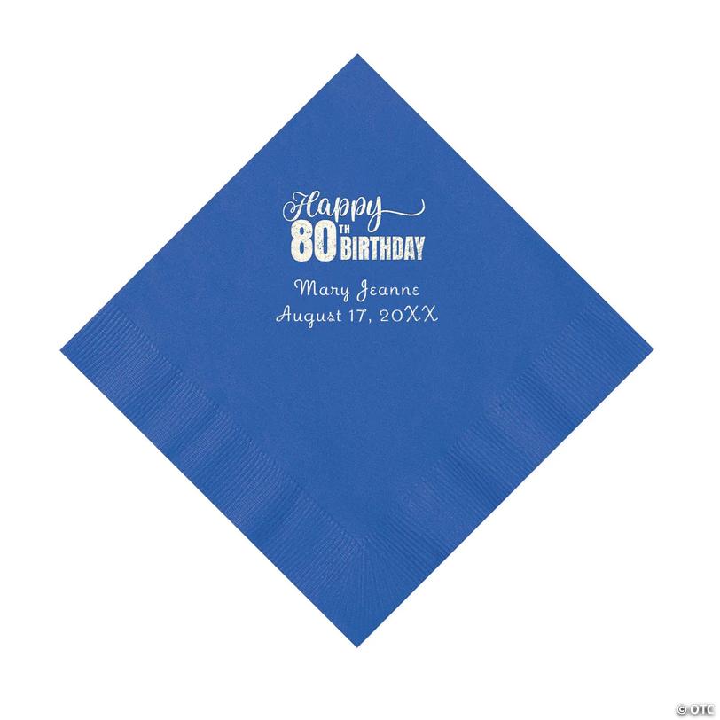 6 1/2" Bulk 50 Ct. Personalized 80th Birthday Cobalt Blue Luncheon Napkins with Silver Foil Image