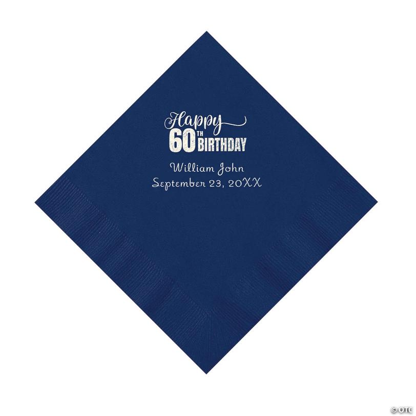 6 1/2" Bulk 50 Ct. Personalized 60th Birthday Navy Blue Luncheon Napkins with Silver Foil Image