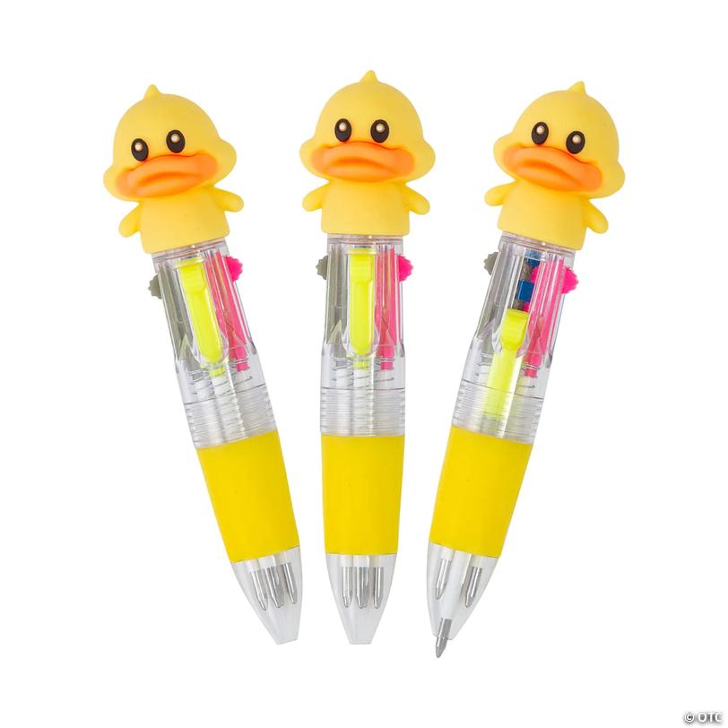 3 1/2" Mini Yellow Duck Plastic 4-Color Shuttle Pens - 12 Pc. Image