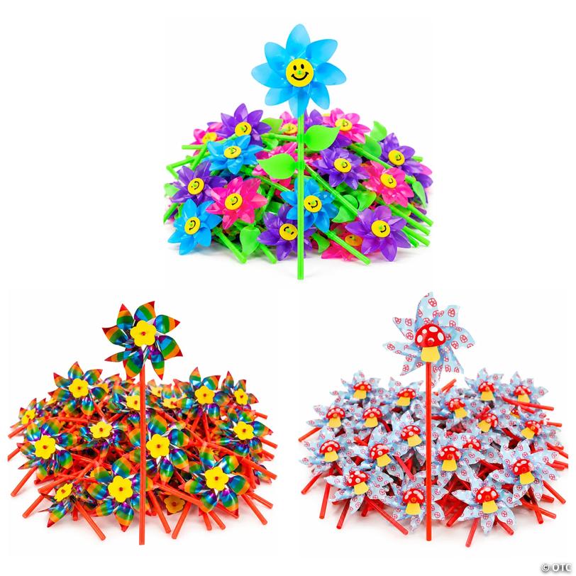 Bulk Spring Mushroom, Rainbow &amp; Smile Face Pinwheel Assortment &amp;#8211; 108 pc Image