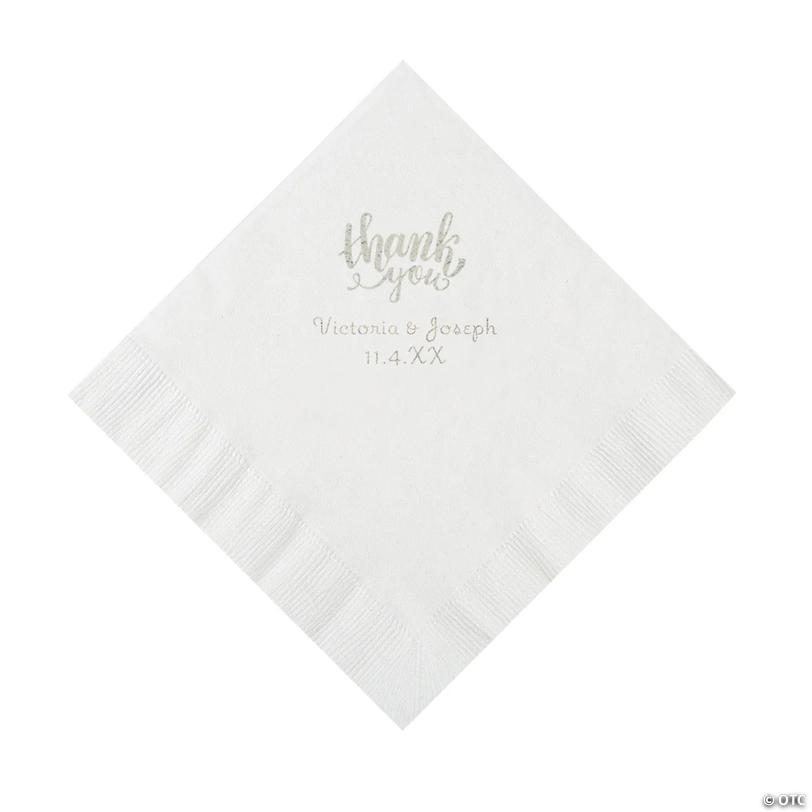 6 1/2" Bulk 50 Ct. Personalized Thank You White Luncheon Napkins with Silver Foil Image