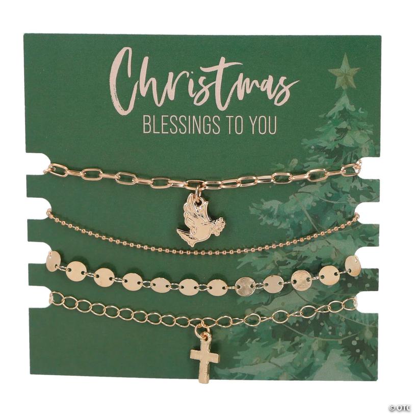 7 1/2" Religious Gold Stacked Metal Charm Bracelets on a Christmas Card Image