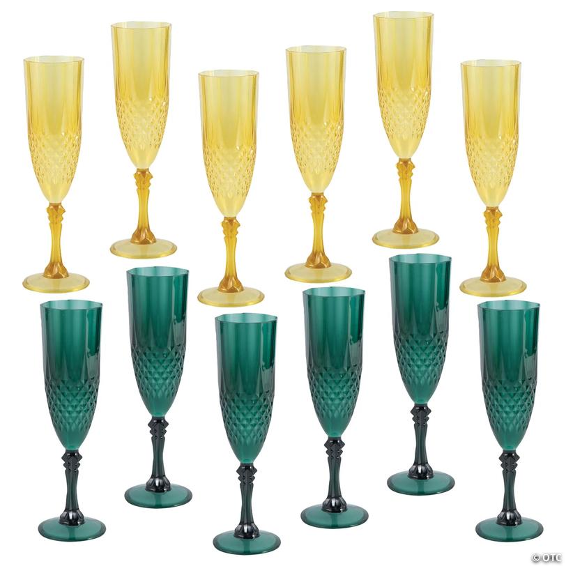 Green &amp; Gold Patterned Christmas Plastic Champagne Flute Assortment - 9 oz, 24 ct Image