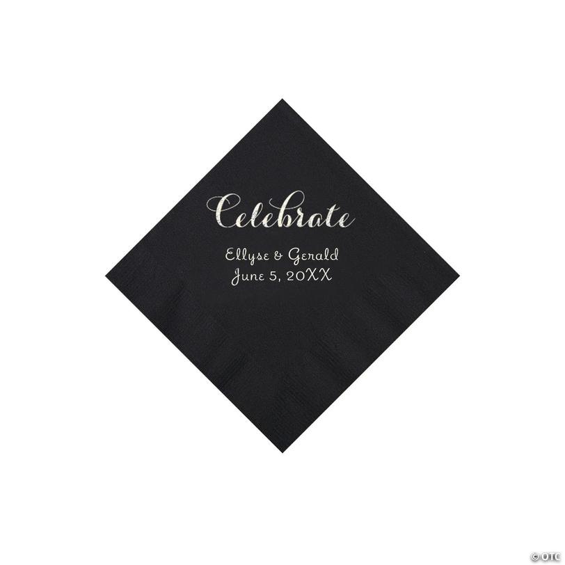 5" Bulk 50 Ct. Personalized Celebrate Black Beverage Napkins with Silver Foil Image