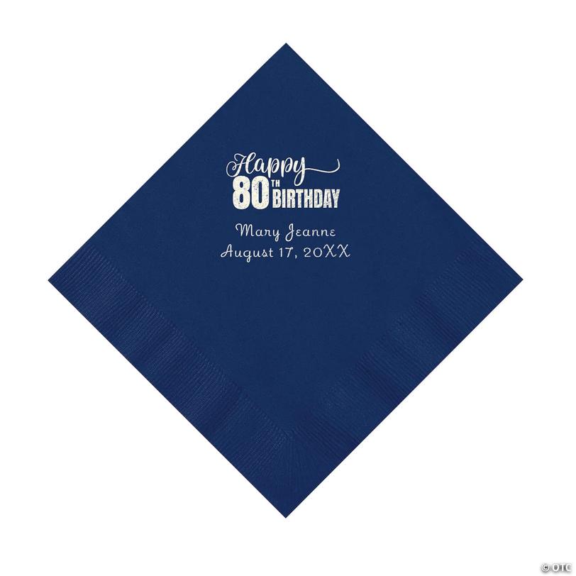 6 1/2" Bulk 50 Ct. Personalized 80th Birthday Navy Blue Luncheon Napkins with Silver Foil Image