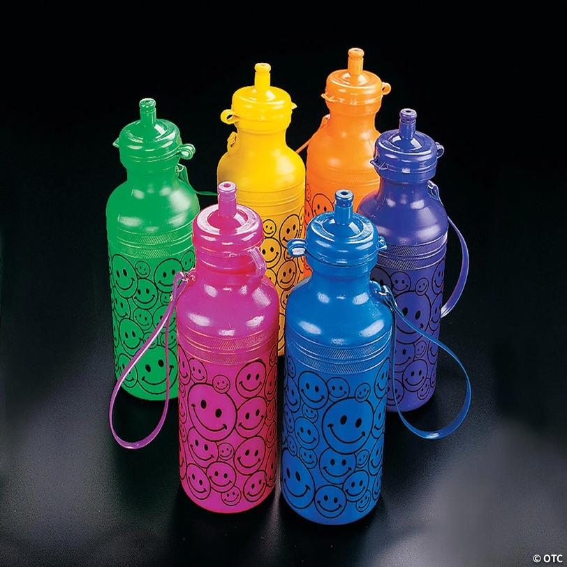 7 1/2" Smile Face Neon BPA-Free Plastic Water Bottles - 12 Ct. Image