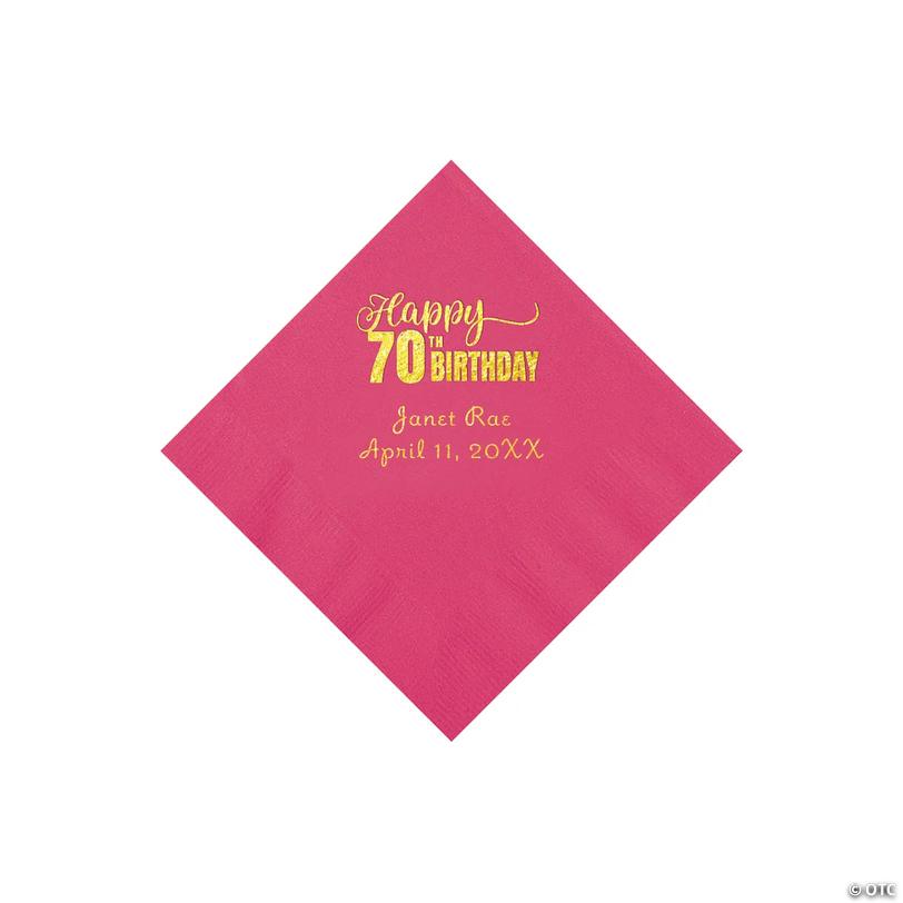 5" Bulk 50 Ct. Personalized 70th Birthday Hot Pink Beverage Napkins with Gold Foil Image