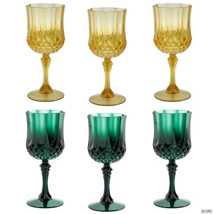 Green &amp; Gold Patterned Christmas Plastic Wine Glass Assortment - 8 oz, 24 ct Image