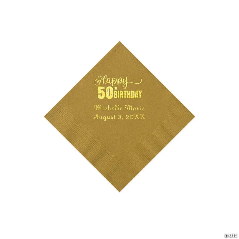 5" Bulk 50 Ct. Personalized 50th Birthday Gold Beverage Napkins with Gold Foil Image