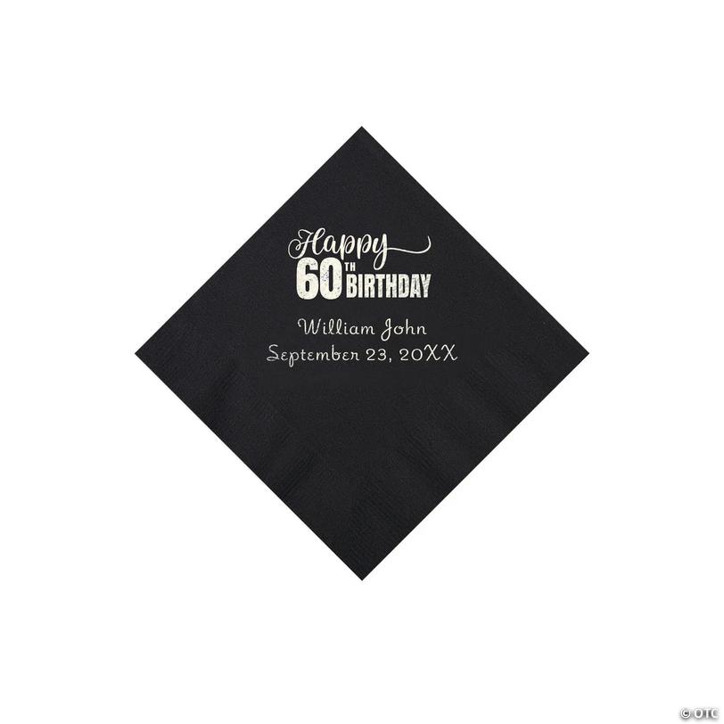 5" Bulk 50 Ct. Personalized 60th Birthday Black Beverage Napkins with Silver Foil Image