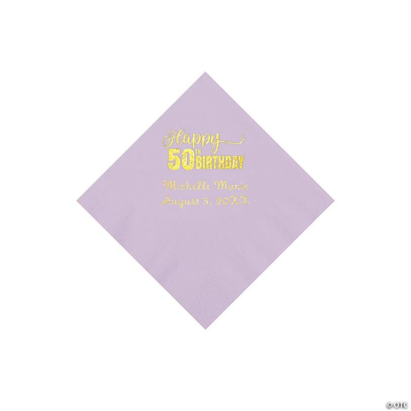 5" Bulk 50 Ct. Personalized 50th Birthday Lilac Beverage Napkins with Gold Foil Image