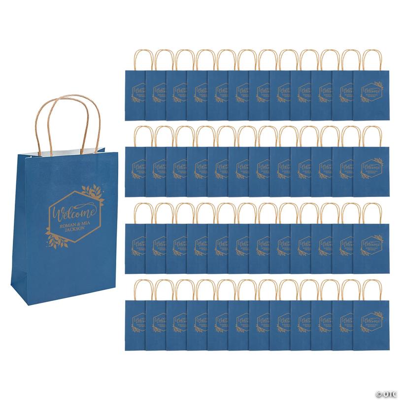 Bulk 72 Pc. Personalized Medium Navy Blue Welcome Kraft Paper Gift Bags Image