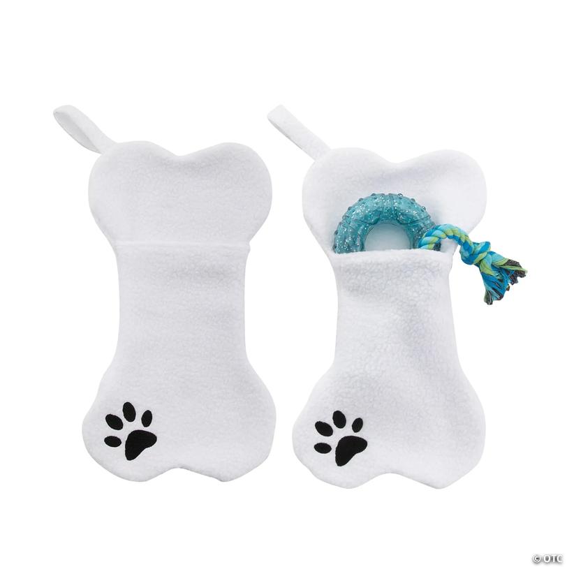 8" x 14" Soft White Plush Dog Bone-Shaped Christmas Stocking Image