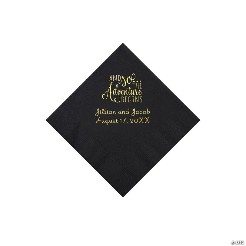 5" Bulk 50 Ct. Personalized The Adventure Begins Black Beverage Napkins with Gold Foil Image