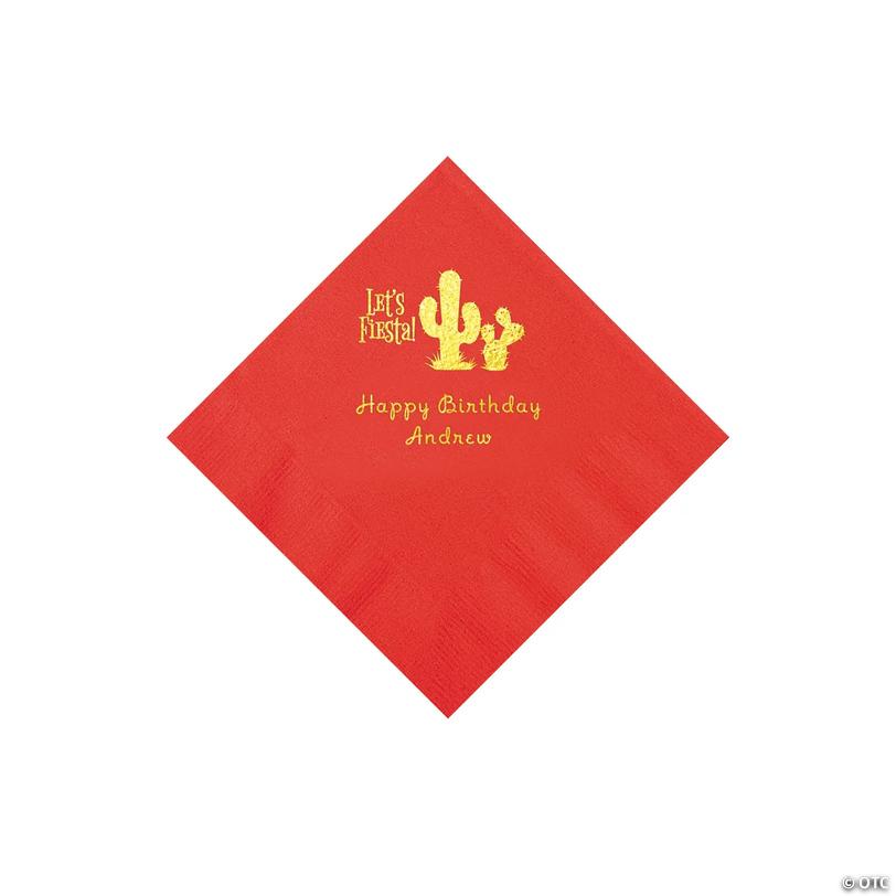 5" Bulk 50 Ct. Personalized Fiesta Red Beverage Napkins with Gold Foil Image
