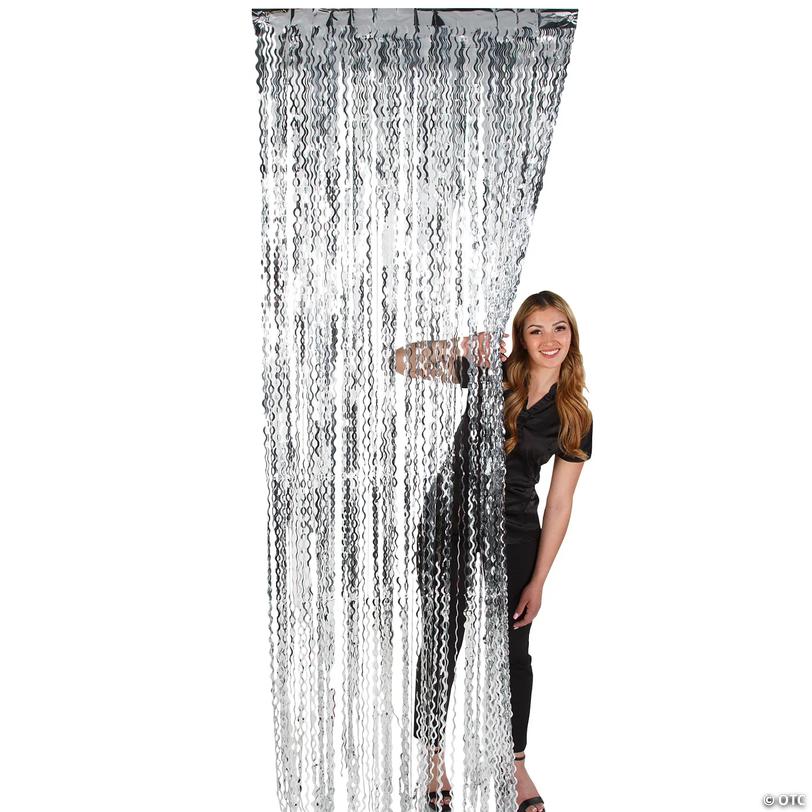 3 Ft. x 8 Ft. Silver Shiny Metallic Curly Foil Fringe Door Curtain Image