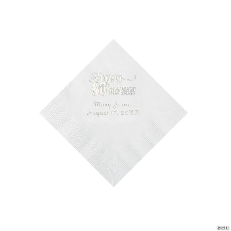 5" Bulk 50 Ct. Personalized 80th Birthday White Beverage Napkins with Silver Foil Image