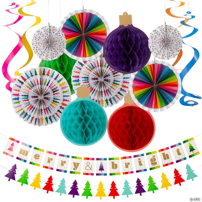 Merry &amp; Bright Christmas Party Hanging Decor Kit - 16 pc Image