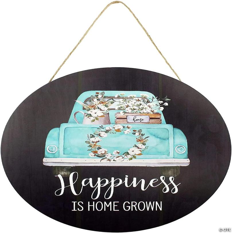 AuldHome Rustic Sign: Happiness is Home Grown, Round Wood Farmhouse Style Wall Plaque with Old Truck and Spring Flowers Image