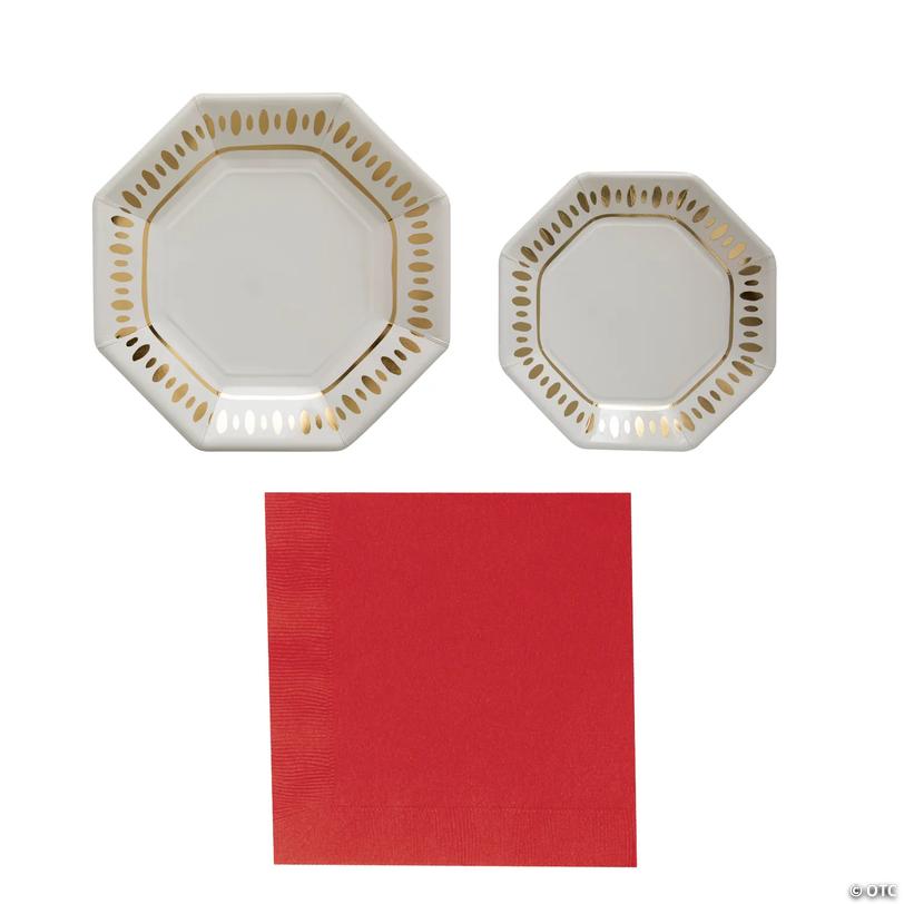 Red &amp; White with Gold Accent Christmas Party Tableware Kit for 8 Guests Image