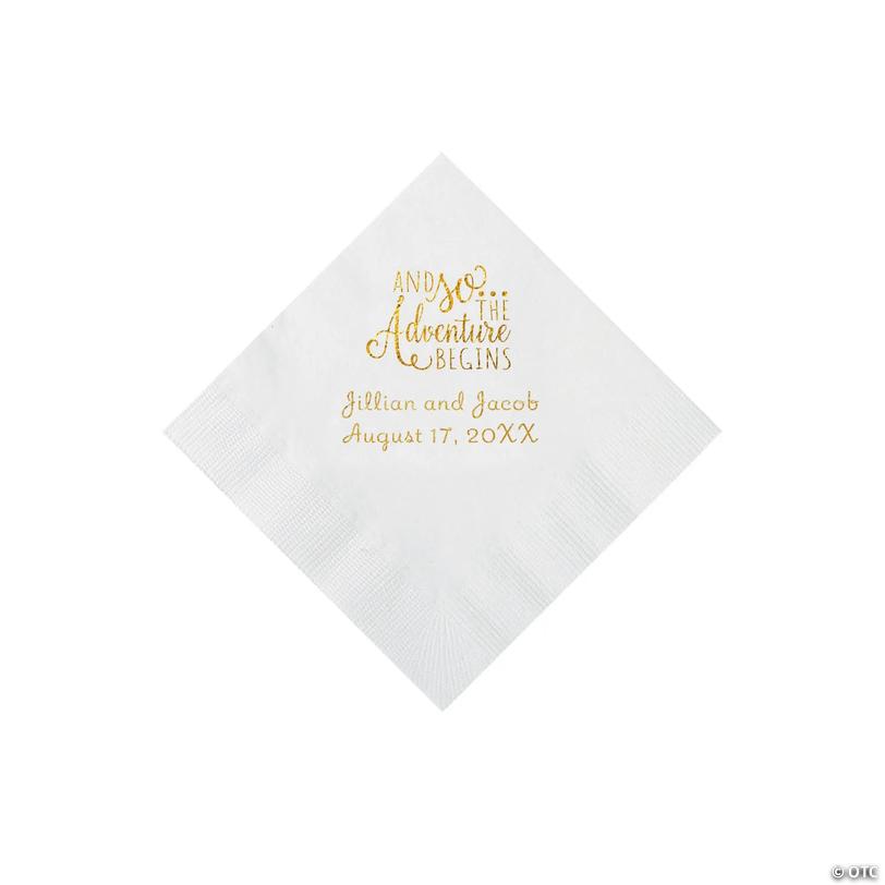 5" Bulk 50 Ct. Personalized The Adventure Begins White Beverage Napkins with Gold Foil Image