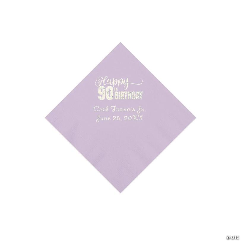 5" Bulk 50 Ct. Personalized 90th Birthday Lilac Beverage Napkins with Silver Foil Image
