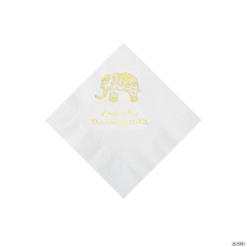 5" Bulk 50 Ct. Personalized Indian Wedding White Beverage Napkins with Gold Foil Image
