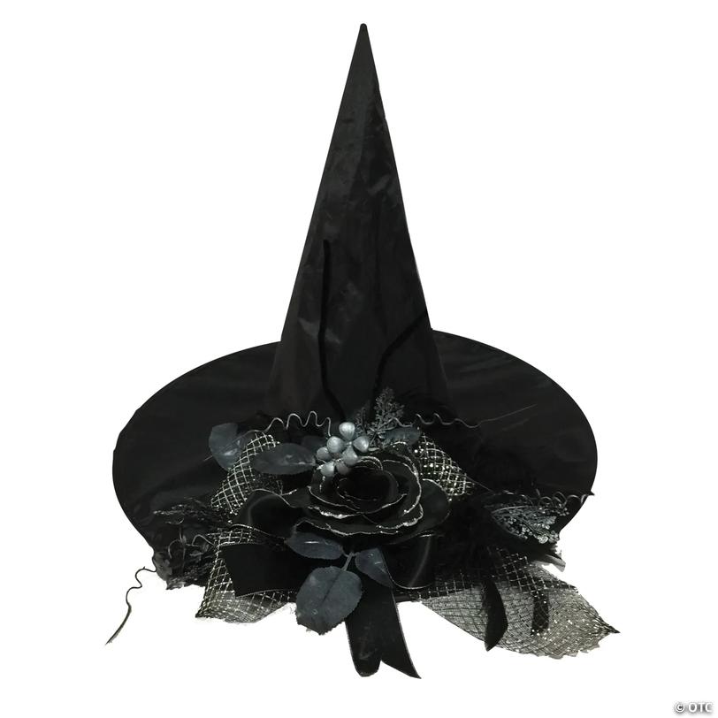 Adults Black Witch Hat with Rose &amp; Ribbon Image