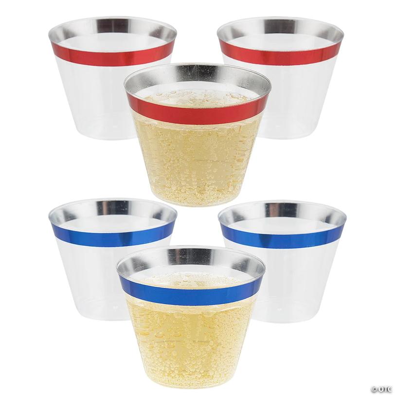 2 3/4" 9 oz. Bulk 100 Ct. Patriotic Small Disposable Cups with Red &amp; Blue Trim Assortment Image