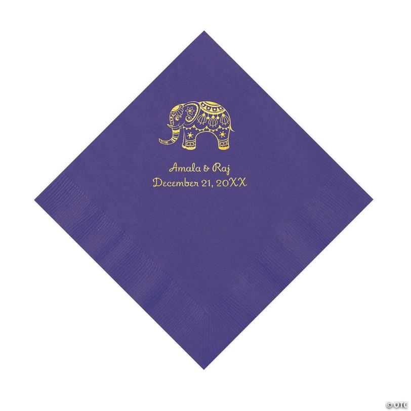 6 1/2" Bulk 50 Ct. Personalized Indian Wedding Purple Luncheon Napkins with Gold Foil Image