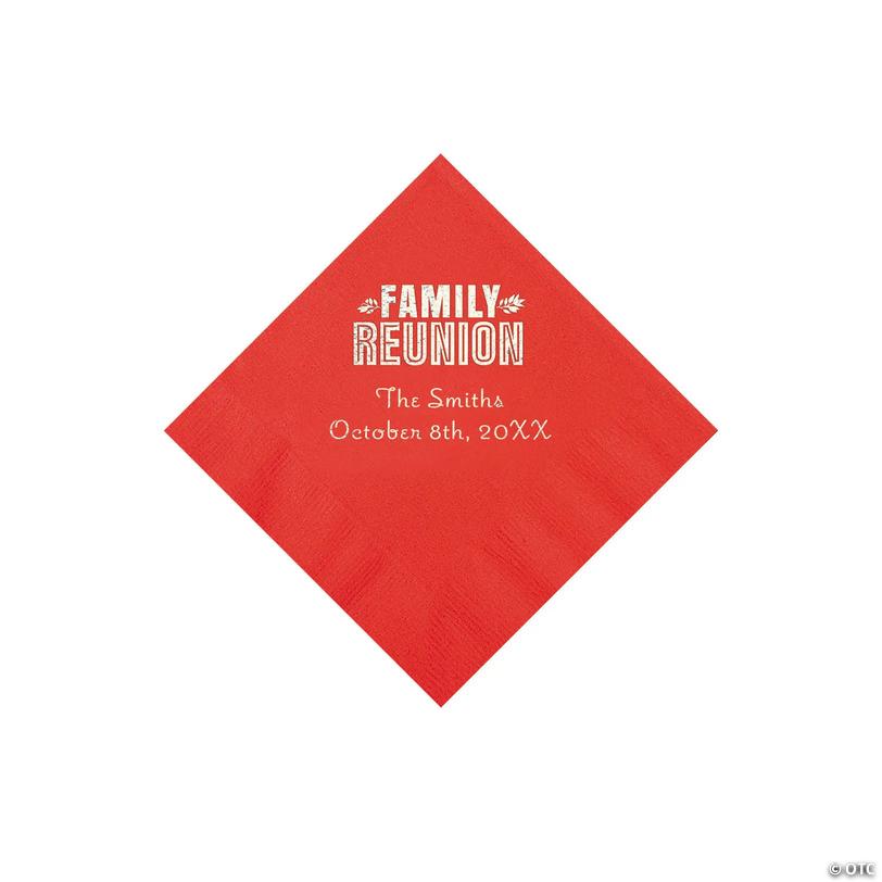 5" Bulk 50 Ct. Personalized Family Reunion Red Beverage Napkins with Silver Foil Image