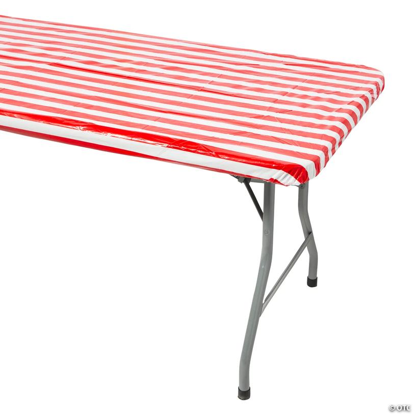 6 ft. Patriotic Red &amp; White Striped Fitted Rectangle Disposable Plastic Tablecloth   Image