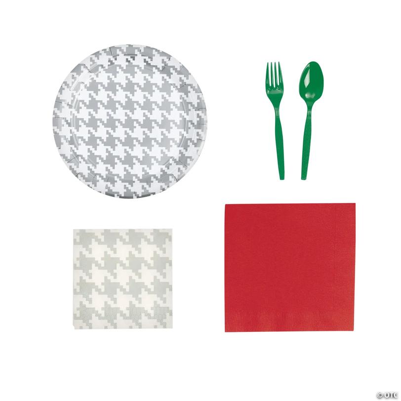 154 Pc. Christmas Colors &amp; Houndstooth Disposable Tableware Kit for 24 Guests Image