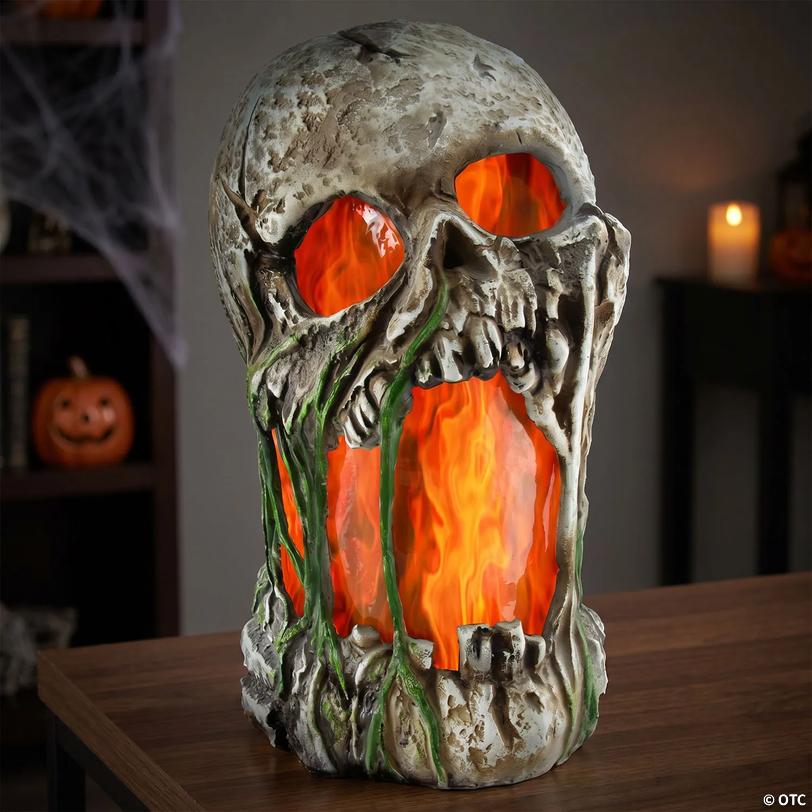 Light-Up Flaming Rotted Skull Halloween Decoration Image