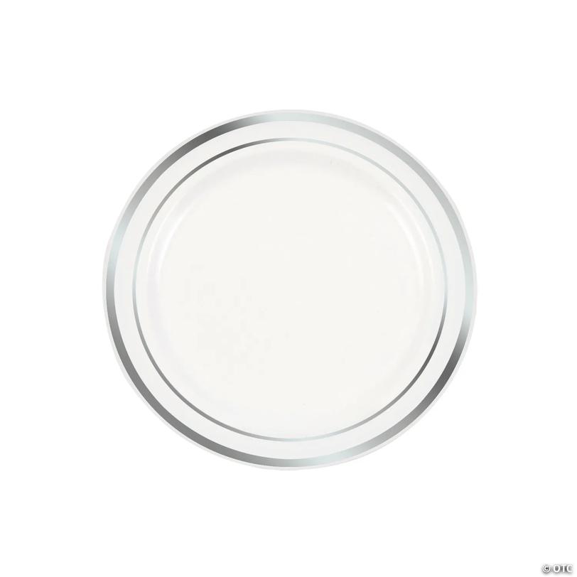 Premium White Plastic Dessert Plates with Silver Trim - 25 Ct. Image