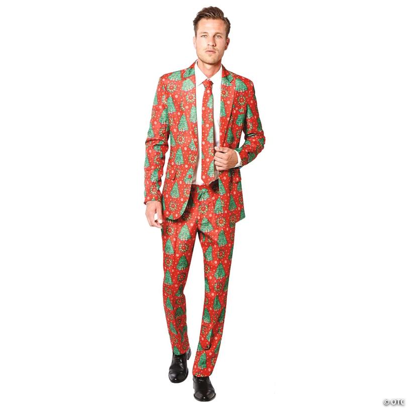 Men&amp;#8217;s Red Christmas Tree &amp; Wreath Print Suit Image