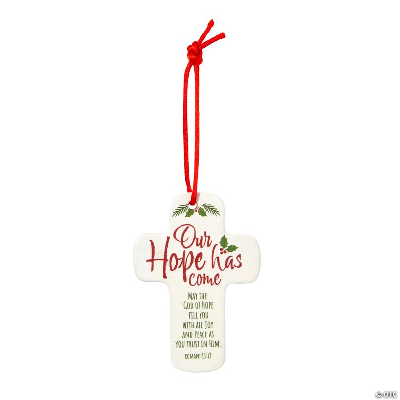 Religious Hope Cross-Shaped Ceramic Christmas Ornaments - 12 pc Image