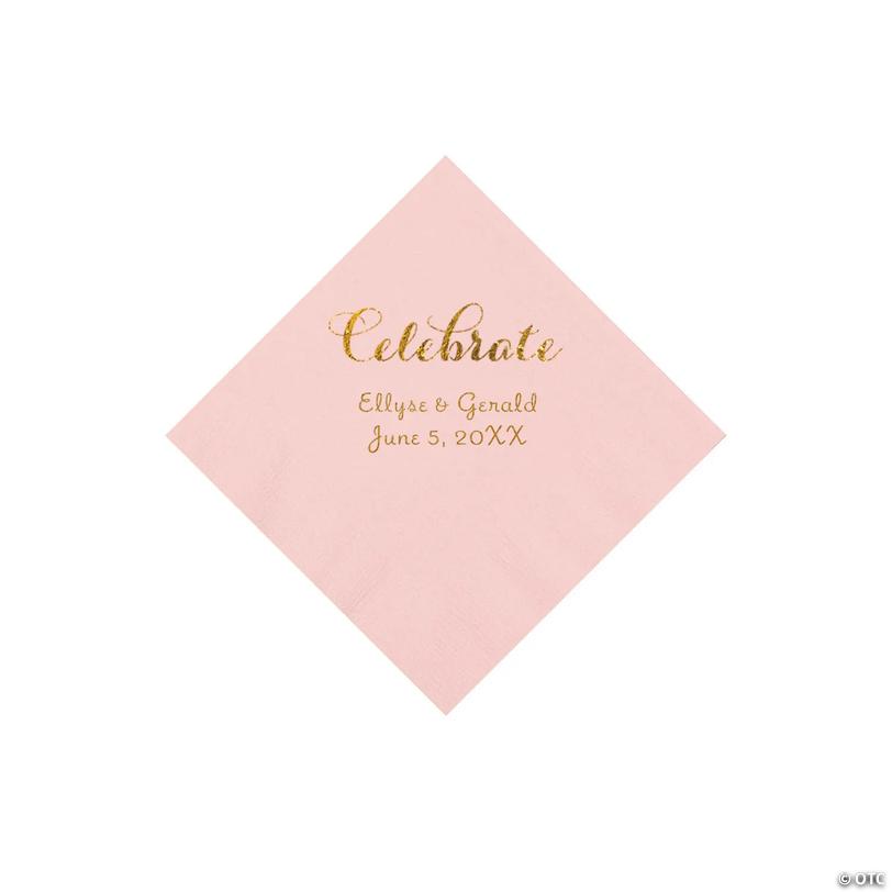 5" Bulk 50 Ct. Personalized Celebrate Pink Beverage Napkins with Gold Foil Image