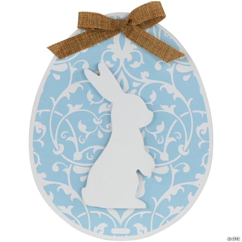 Easter Egg with Bunny and Burlap Bow Wooden Wall Decoration - 9.5" - Blue Image