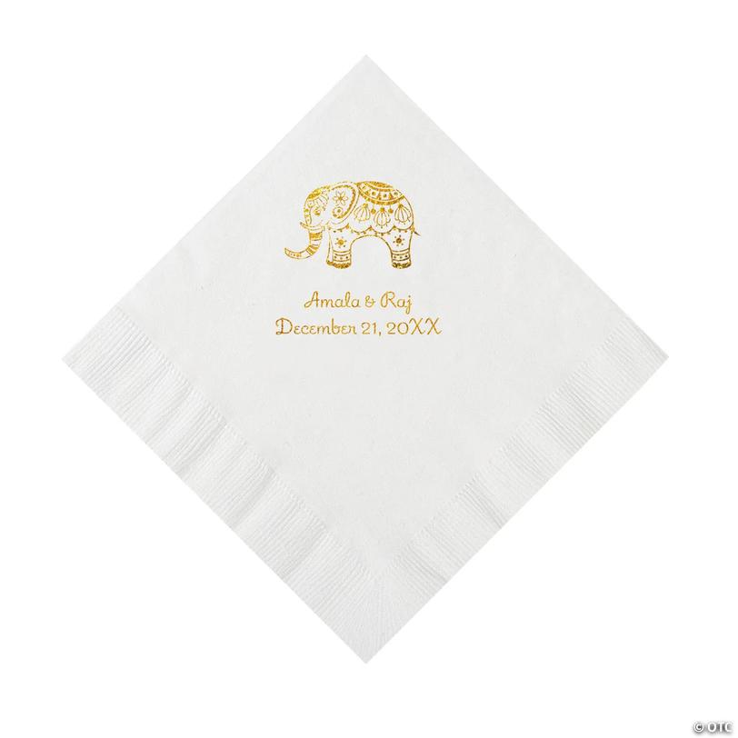 6 1/2" Bulk 50 Ct. Personalized Indian Wedding White Luncheon Napkins with Gold Foil Image