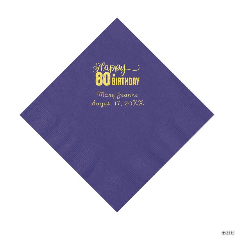6 1/2" Bulk 50 Ct. Personalized 80th Birthday Purple Luncheon Napkins with Gold Foil Image